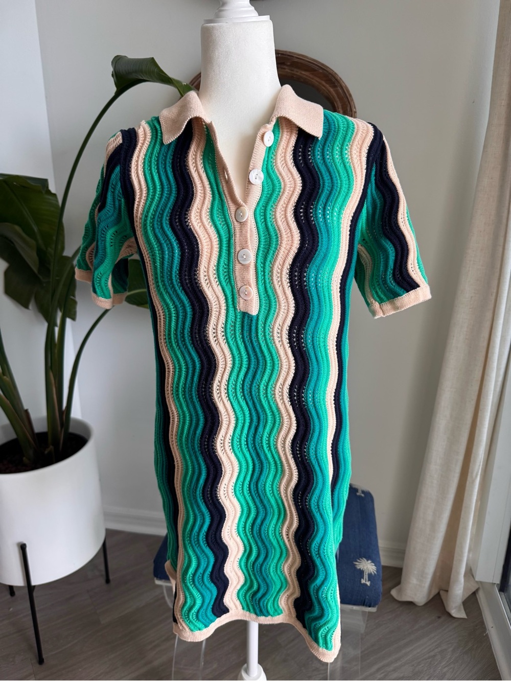 Heartloom Wavy Knit Polo Dress in Teal, Navy & Cream NWOT small🩵💚🤍